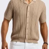Wasko Men's Cable-Knit Short-Sleeve Button-Up Polo, Tuffet Beige - BM24540