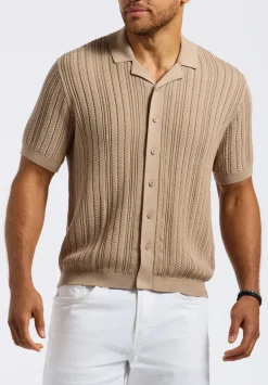 Wasko Men's Cable-Knit Short-Sleeve Button-Up Polo, Tuffet Beige - BM24540