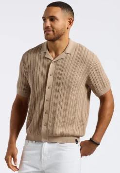 Wasko Men's Cable-Knit Short-Sleeve Button-Up Polo, Tuffet Beige - BM24540