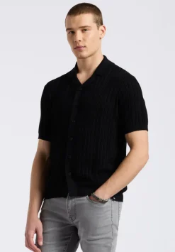 Wasko Men's Cable-Knit Short-Sleeve Button-Up Polo, Black - BM24540