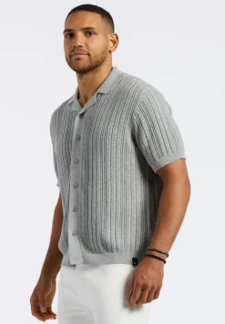 Wasko Men's Cable-Knit Short-Sleeve Button-Up Polo, Heather Grey - BM24540