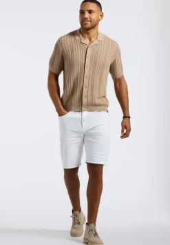 Wasko Men's Cable-Knit Short-Sleeve Button-Up Polo, Tuffet Beige - BM24540