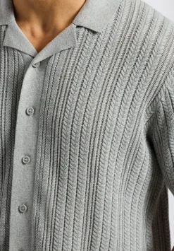 Wasko Men's Cable-Knit Short-Sleeve Button-Up Polo, Heather Grey - BM24540