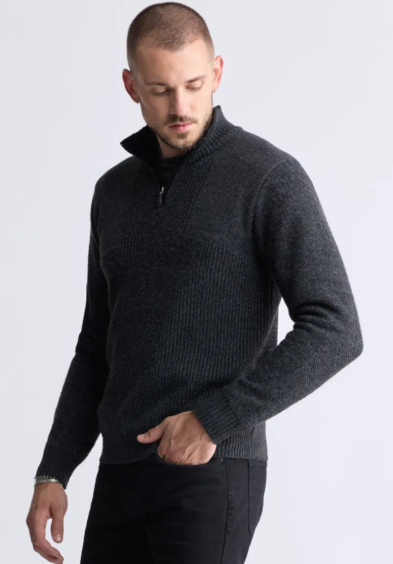 Werneck Men's Quarter-Zip Ribbed Knit Sweater, Dark Grey - BPM14177