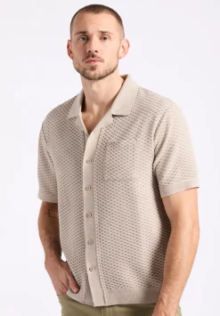 Willow Men's Short Sleeve Jacquard Jersey Button-Up Sweater, Tuffet Beige - BM24600