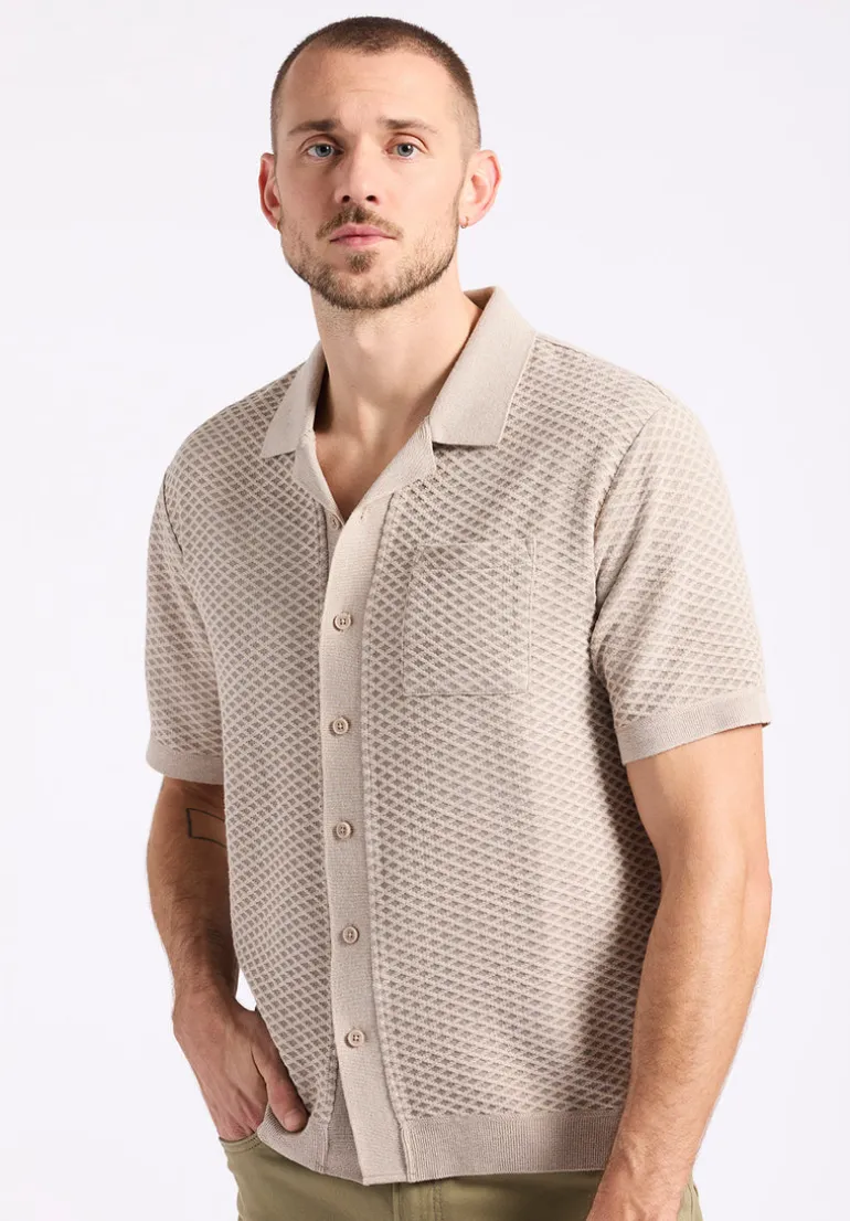 Willow Men's Short Sleeve Jacquard Jersey Button-Up Sweater, Tuffet Beige - BM24600