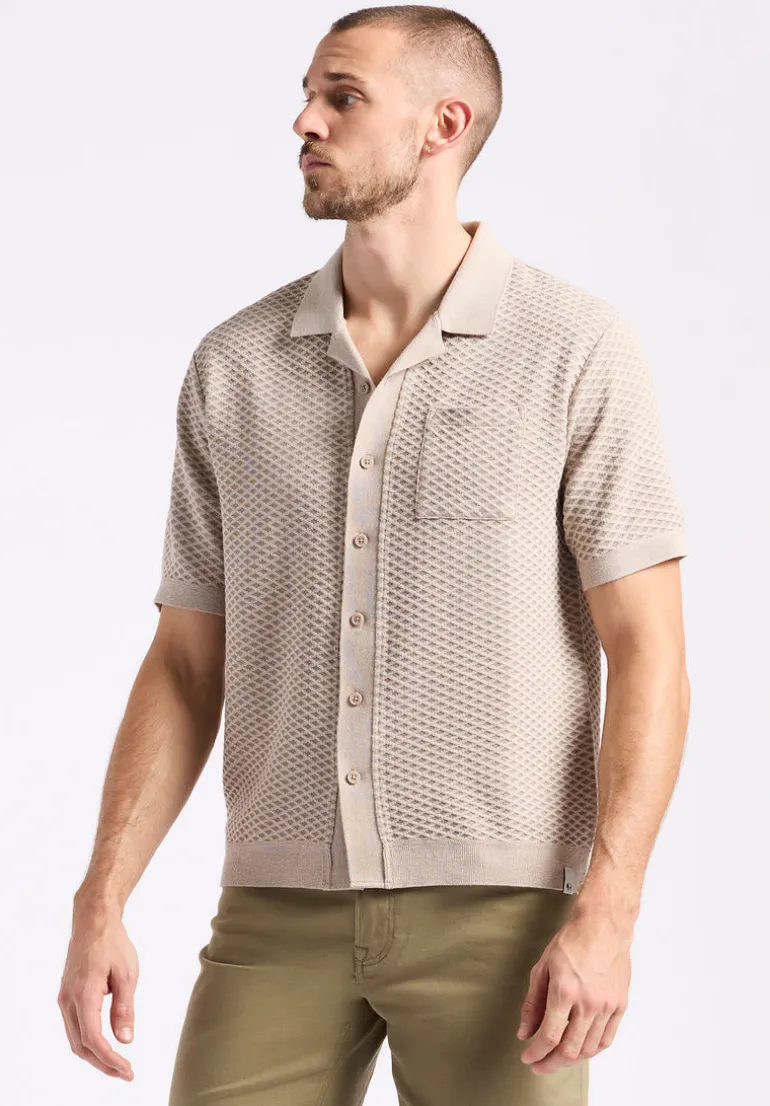 Willow Men's Short Sleeve Jacquard Jersey Button-Up Sweater, Tuffet Beige - BM24600