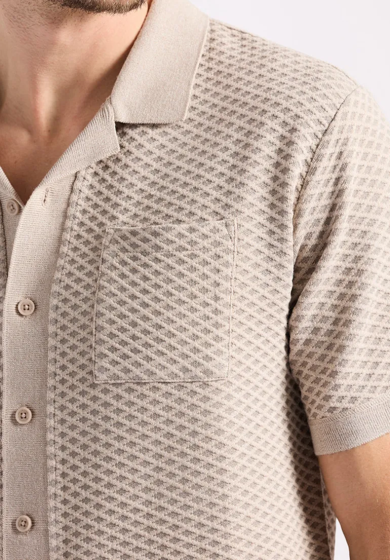 Willow Men's Short Sleeve Jacquard Jersey Button-Up Sweater, Tuffet Beige - BM24600