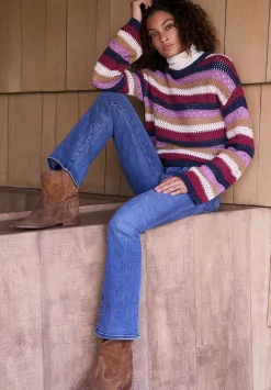 Wrenlee Women's Striped Openwork Knit Sweater, Beaujolais - SW0074F