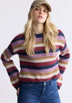 Wrenlee Women's Striped Openwork Knit Sweater, Beaujolais - SW0074F
