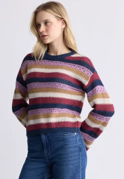 Wrenlee Women's Striped Openwork Knit Sweater, Beaujolais - SW0074F