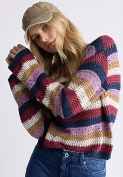 Wrenlee Women's Striped Openwork Knit Sweater, Beaujolais - SW0074F